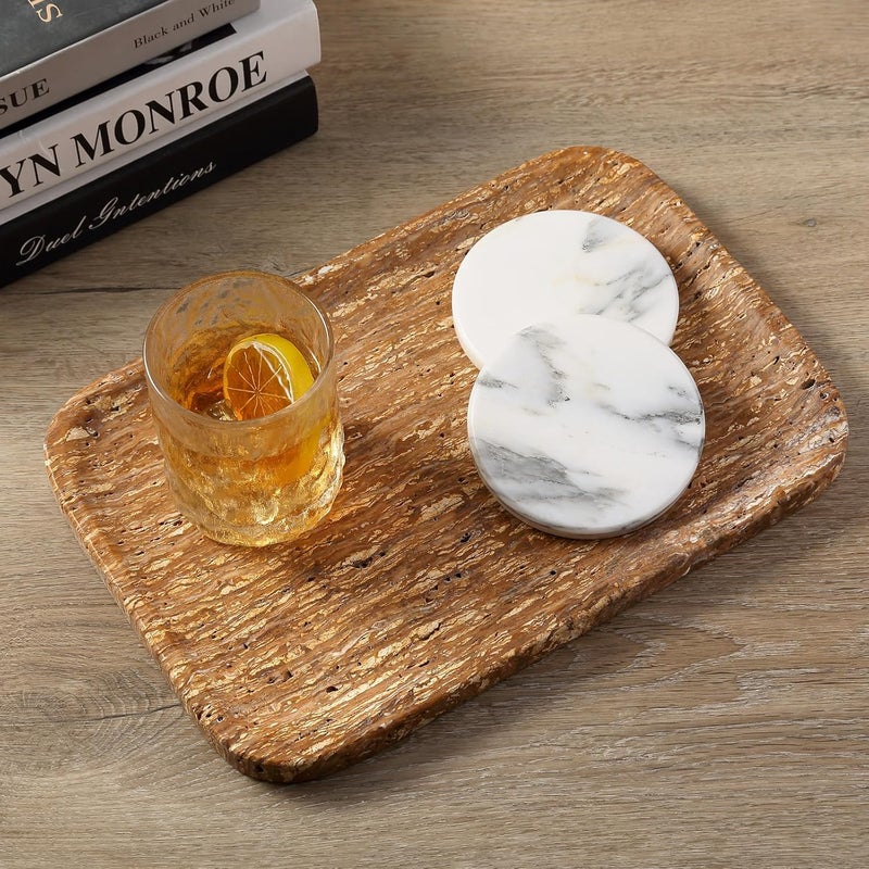 karibiber Natural Marble Vanity Tray, 11.8" Travertine/Stone Bathroom Tray Countertop, Golden Stone for Perfume Jewelry Holder, Decorative Dresser Organizer, Storage for Kitchen Sink(Walnut Traver) - Image 5